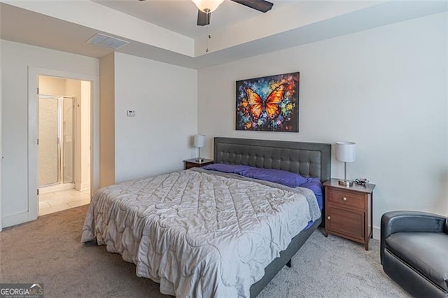 bedroom with ceiling fan and light colored carpet