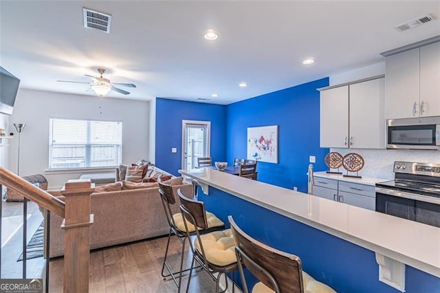 kitchen featuring backsplash, gray cabinetry, stainless steel appliances, ceiling fan, and hardwood / wood-style flooring