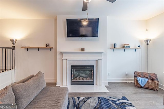 living room with ceiling fan and wood-type flooring