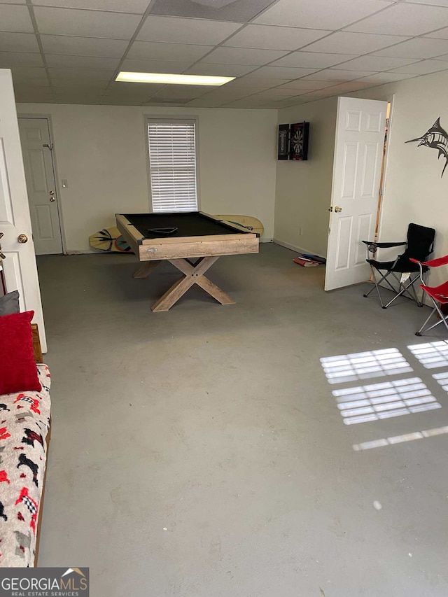 recreation room with a paneled ceiling and pool table