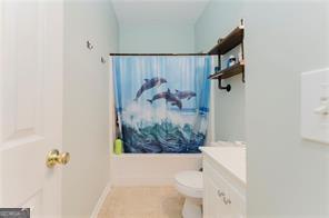 full bathroom with vanity, toilet, and shower / washtub combination