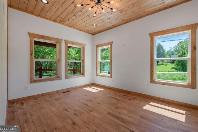 spare room featuring a chandelier, light wood-type flooring, and wood ceiling