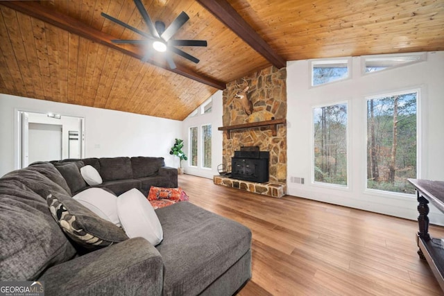 living room with light wood-type flooring, ceiling fan, wood ceiling, a fireplace, and lofted ceiling with beams