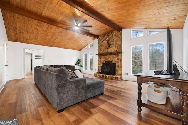 living room featuring a wood stove, wood ceiling, beam ceiling, ceiling fan, and wood-type flooring