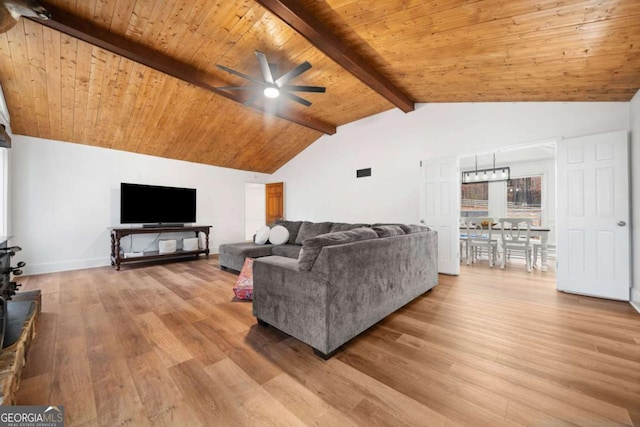 living room featuring ceiling fan, light hardwood / wood-style floors, vaulted ceiling with beams, and wooden ceiling