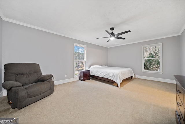 carpeted bedroom featuring multiple windows, crown molding, a textured ceiling, and ceiling fan