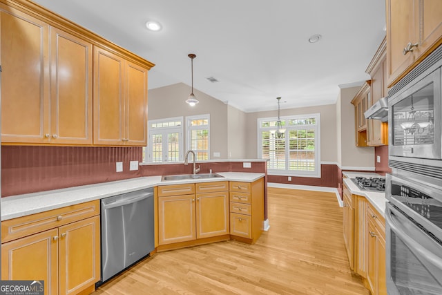 kitchen featuring decorative light fixtures, light hardwood / wood-style floors, sink, and stainless steel appliances