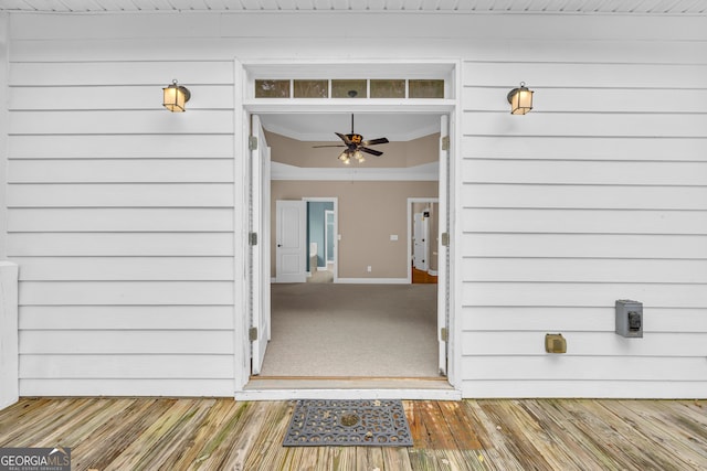 property entrance with ceiling fan