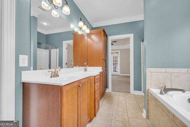 bathroom with a notable chandelier, tile patterned floors, separate shower and tub, crown molding, and vanity