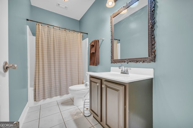 full bathroom featuring toilet, shower / tub combo, vanity, and tile patterned floors