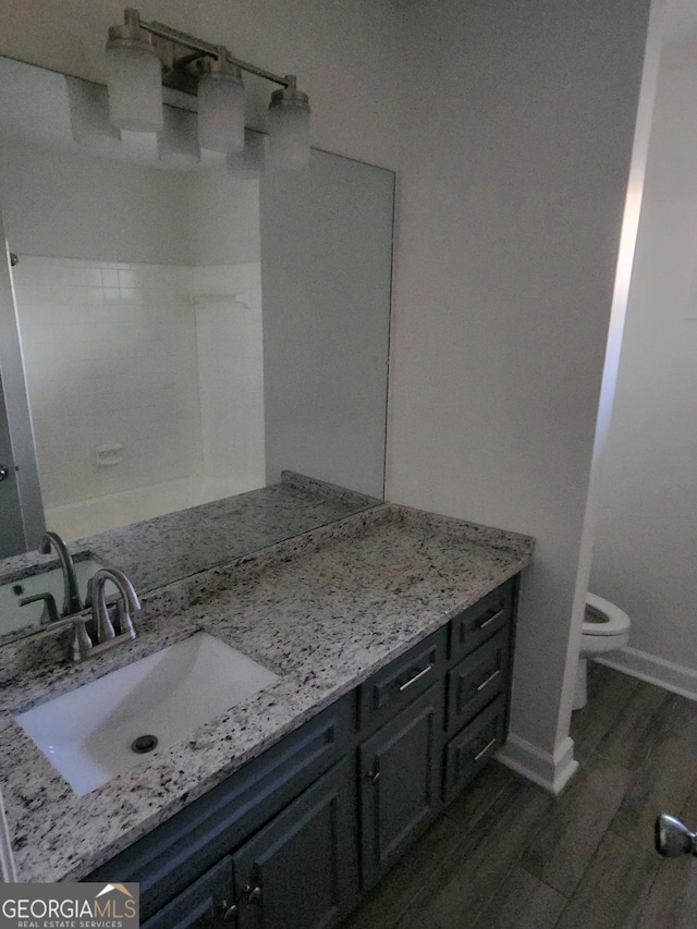 bathroom with vanity, wood-type flooring, and toilet