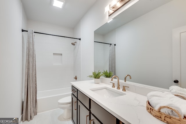 full bathroom with tile patterned floors, vanity, toilet, and shower / bathtub combination with curtain