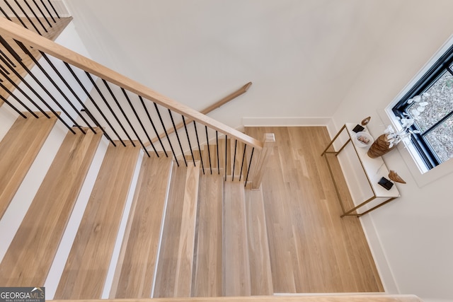 stairs with hardwood / wood-style flooring