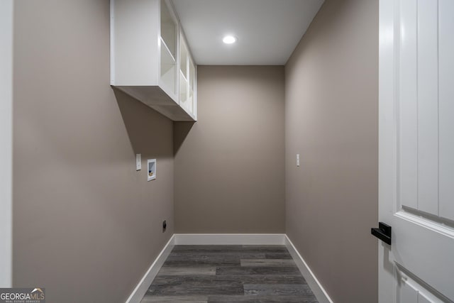 washroom with hookup for a washing machine, baseboards, laundry area, recessed lighting, and dark wood-type flooring