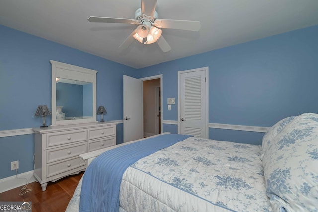 bedroom featuring ceiling fan, a closet, and dark hardwood / wood-style floors