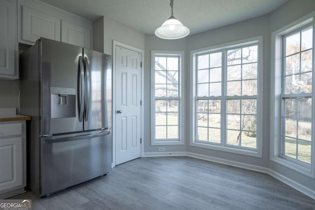 kitchen featuring stainless steel fridge with ice dispenser and a wealth of natural light