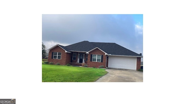 single story home with a garage and a front yard