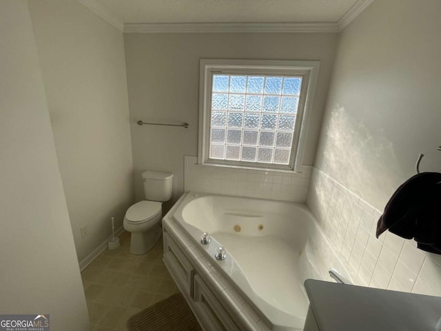 bathroom featuring a washtub, tile patterned flooring, crown molding, and toilet