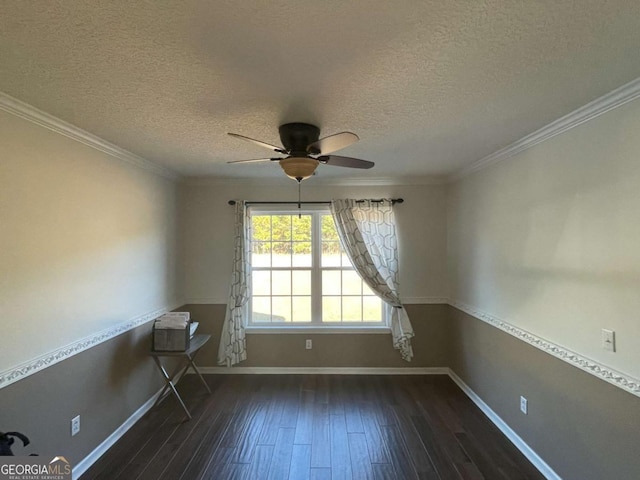 unfurnished room featuring crown molding, a textured ceiling, dark hardwood / wood-style floors, and ceiling fan