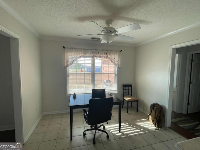 office space featuring ornamental molding, light tile patterned floors, a textured ceiling, and ceiling fan