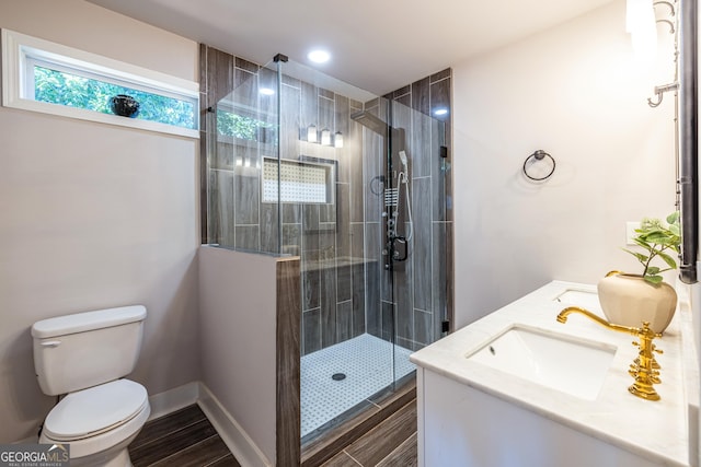 bathroom with vanity, toilet, and an enclosed shower