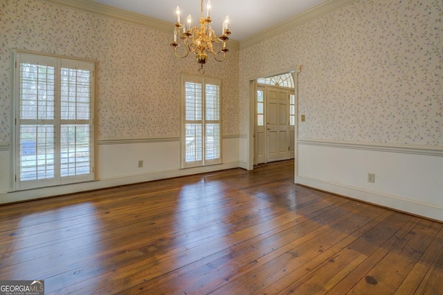 unfurnished room with crown molding and dark wood-type flooring