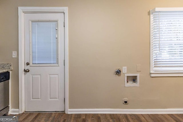 clothes washing area with electric dryer hookup, dark hardwood / wood-style floors, and hookup for a washing machine