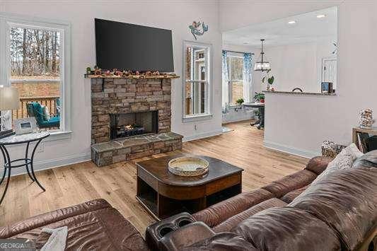 living area with baseboards, wood finished floors, and a stone fireplace