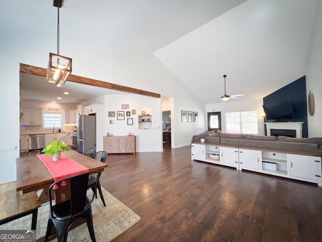 dining area with ceiling fan, a healthy amount of sunlight, and dark hardwood / wood-style floors