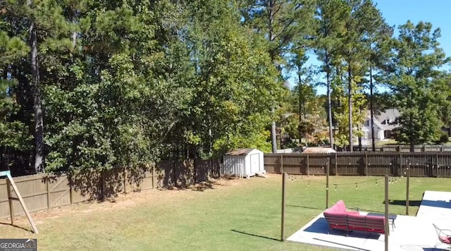 view of yard with a storage unit and a patio area