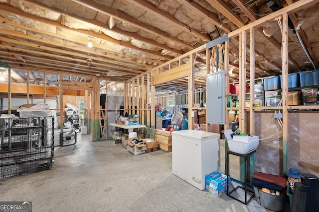 basement with refrigerator