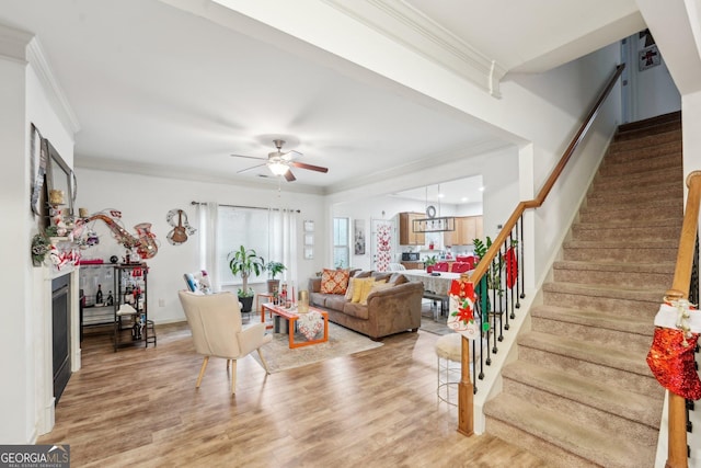 living room featuring hardwood / wood-style flooring, ceiling fan, and ornamental molding