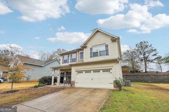 craftsman house with a front lawn, a garage, and central AC unit