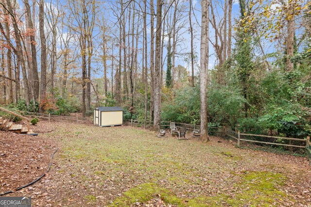 view of yard featuring a storage unit