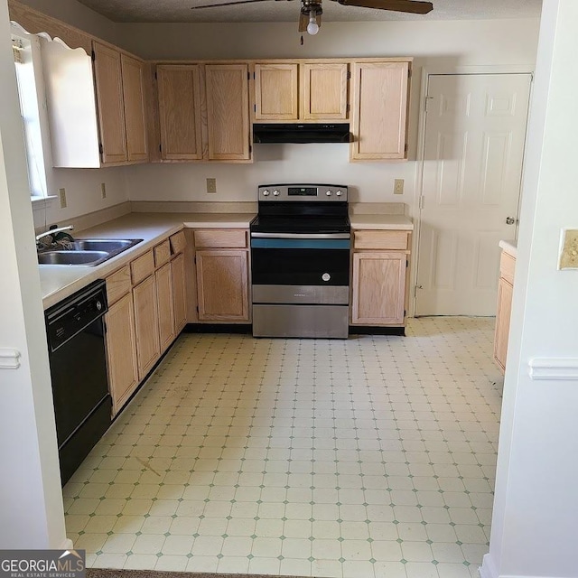 kitchen with ceiling fan, sink, light brown cabinets, electric range, and black dishwasher