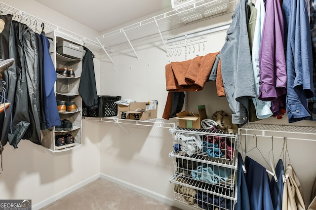 walk in closet with light carpet