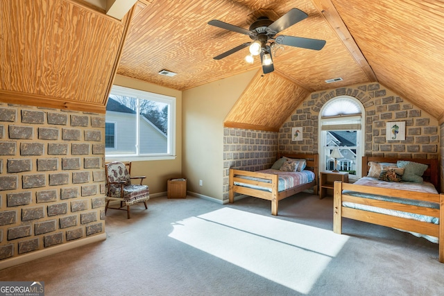 carpeted bedroom featuring lofted ceiling and wood ceiling