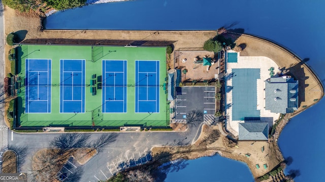 drone / aerial view featuring a water view