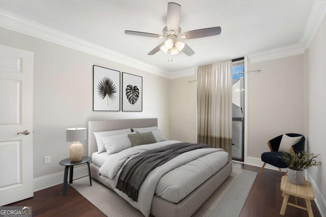 bedroom with ceiling fan, dark hardwood / wood-style floors, and ornamental molding