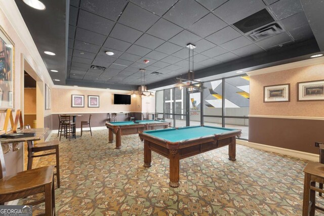 playroom featuring carpet flooring, a paneled ceiling, and pool table