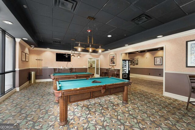 playroom featuring a raised ceiling, carpet floors, ornamental molding, and pool table