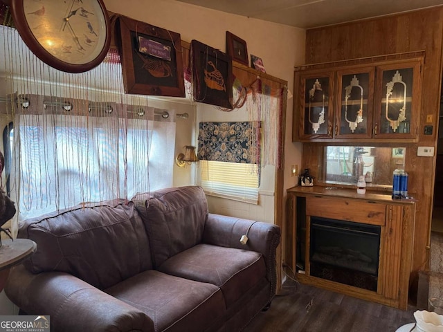 living room featuring dark hardwood / wood-style floors, wood walls, and a fireplace