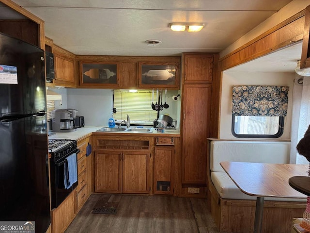 kitchen with black appliances, dark hardwood / wood-style flooring, and sink