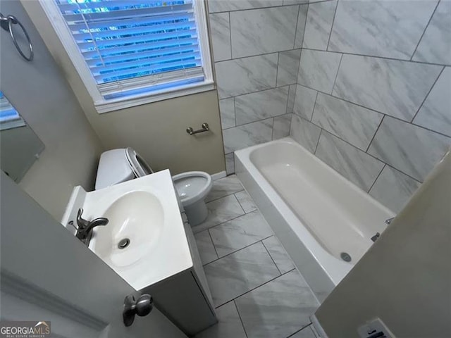 full bathroom with shower / tub combination, vanity, and toilet