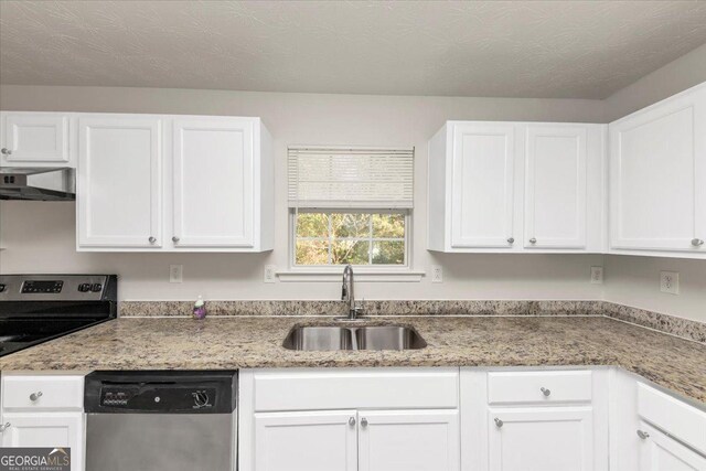 kitchen with ventilation hood, sink, black electric range, stainless steel dishwasher, and white cabinetry