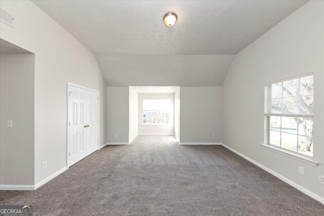 spare room featuring carpet flooring, a textured ceiling, and lofted ceiling