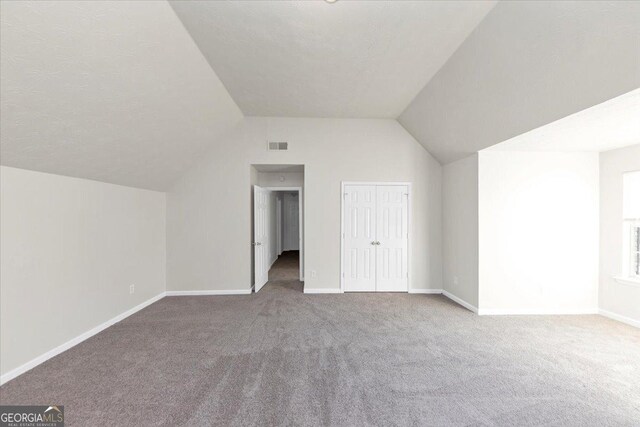 additional living space featuring carpet flooring and vaulted ceiling
