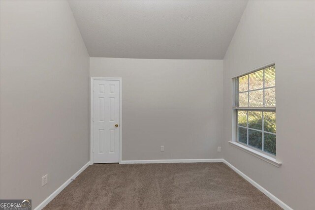 carpeted spare room featuring a textured ceiling and vaulted ceiling