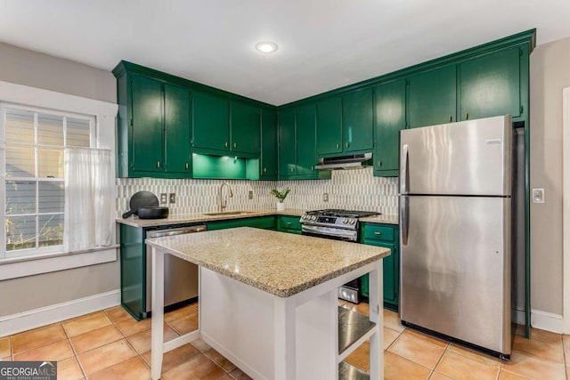 kitchen with a kitchen island, appliances with stainless steel finishes, sink, and decorative backsplash