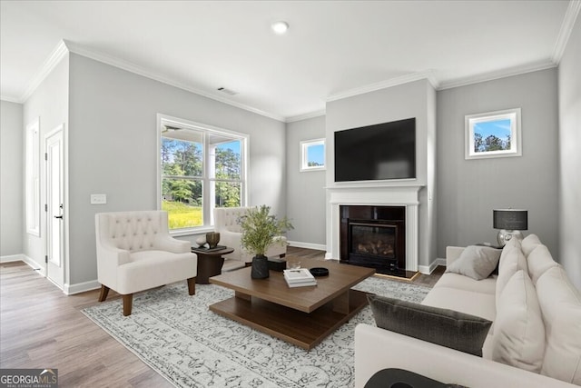 living room featuring light hardwood / wood-style flooring and ornamental molding